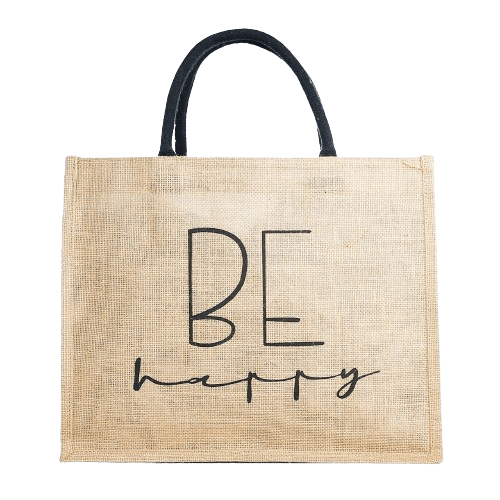 “Be Happy” Beige Jute Shopper